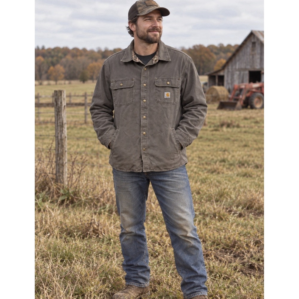 Carhartt Moss Gray Canvas Shirt Jacket Flannel Lined Mens XL Plaid Snap Button